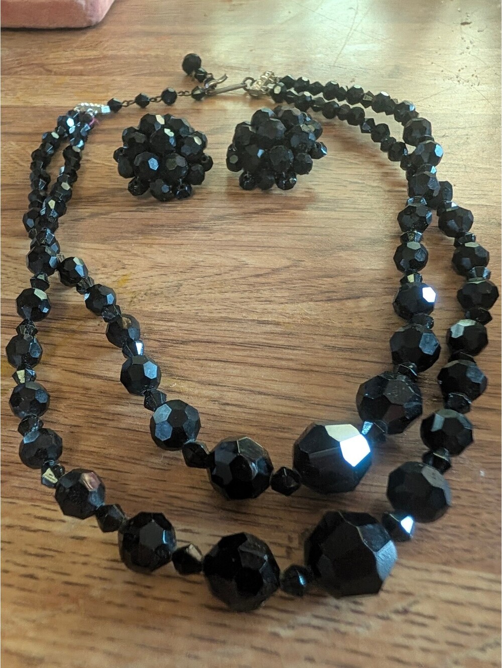 Vintage Black Beaded Clip-On Earrings and Necklace Set